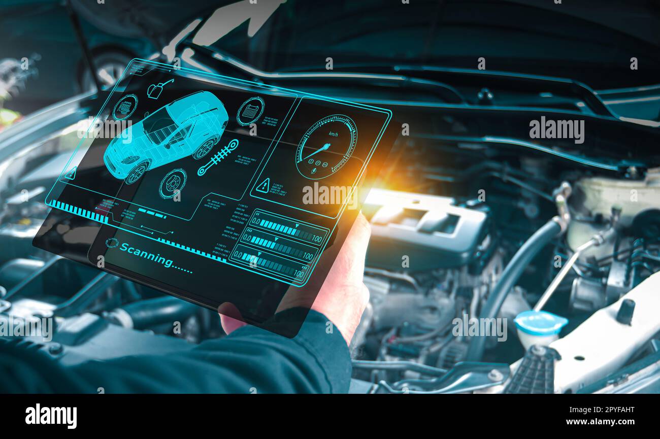 Système de contrôle mécanique automatique du moteur avec analyseur sans fil OBD2 et informations sur la voiture affichées sur l'interface à l'écran, concept de service d'entretien de la voiture. Banque D'Images