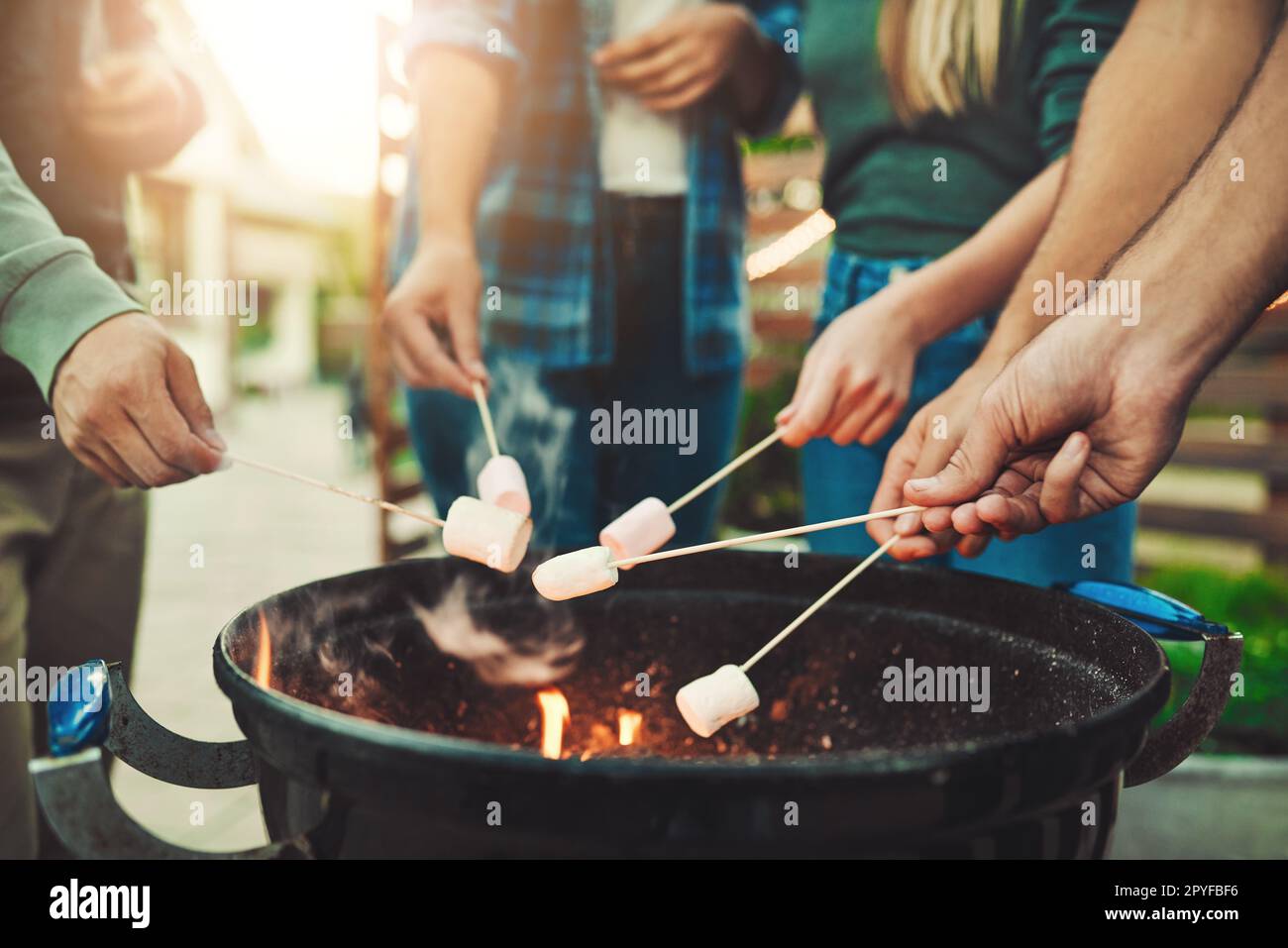 Faire chauffer un peu les choses. un groupe d'amis méconnaissables tenant des guimauves sur des bâtons au-dessus d'un feu à l'extérieur. Banque D'Images