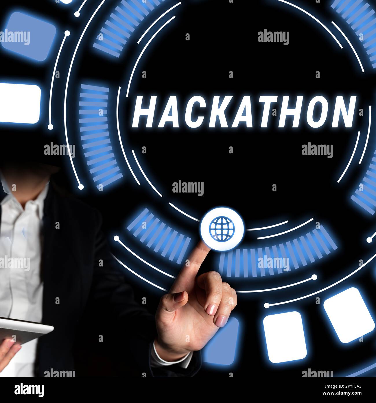Affiche textuelle montrant Hackathon. Événement de concept d'Internet où un grand nombre de personnes s'engagent dans la programmation Banque D'Images