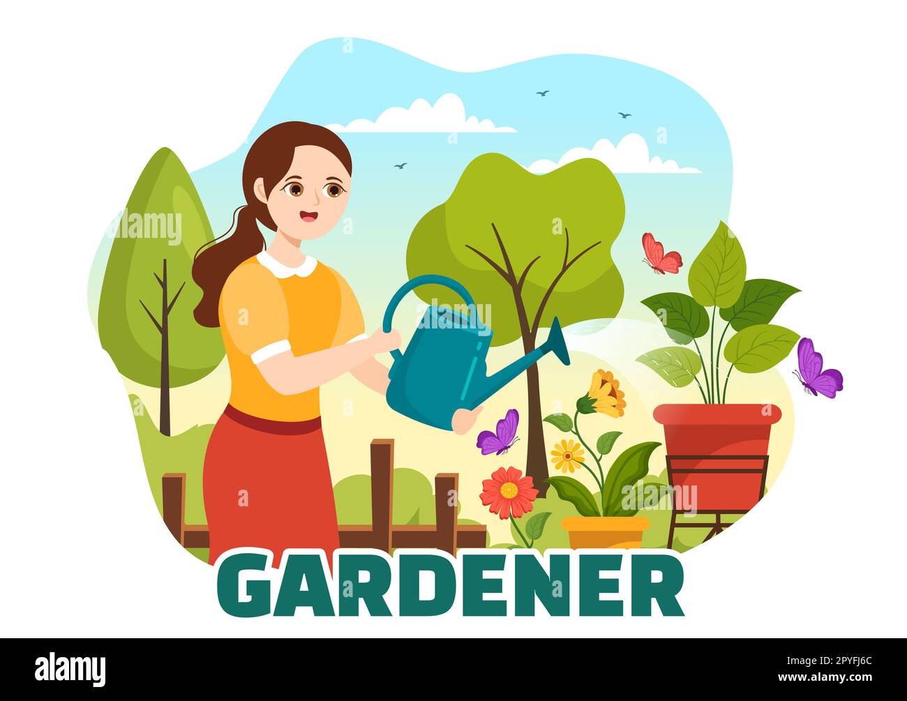 Illustration de jardinier avec les outils de jardin, l'agriculture, pousse des légumes en botanique d'été Gardening plat dessin main pour les modèles de page d'arrivée Banque D'Images
