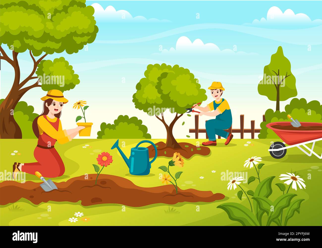 Illustration de jardinier avec les outils de jardin, l'agriculture, pousse des légumes en botanique d'été Gardening plat dessin main pour les modèles de page d'arrivée Banque D'Images