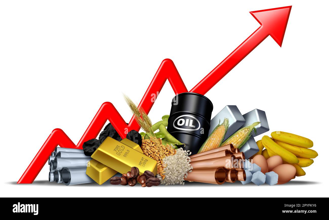 Hausse des prix des matières premières et hausse des prix des matières premières ou augmentation des biens économiques et des ressources naturelles comme marché boursier se négociant sous forme de café de pétrole brut Banque D'Images
