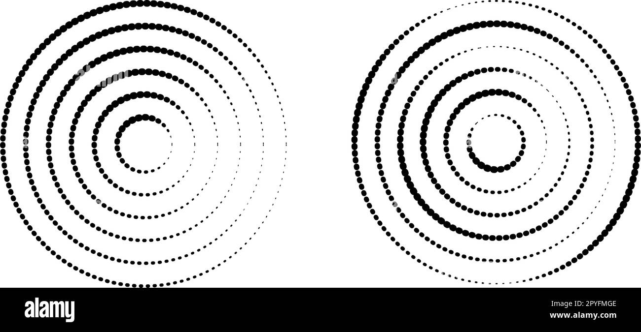 Icônes d'ondulation circulaire. Cercles concentriques avec lignes de points de polka isolées sur fond blanc. Vortex, onde du sondeur, onde sonore, signaux de signal Illustration de Vecteur