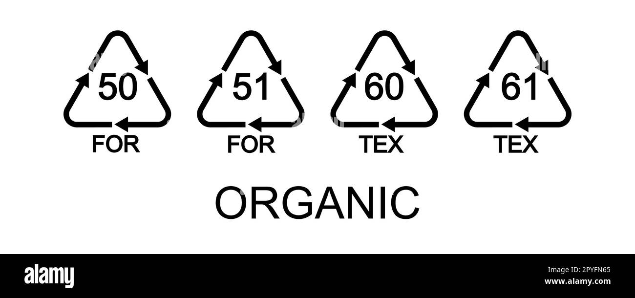 Panneaux de recyclage de matériaux biologiques ou organiques. 50 POUR, 51 POUR, 60 TEX, 61 TEX en forme triangulaire avec flèches icône réutilisable isolée sur blanc Illustration de Vecteur