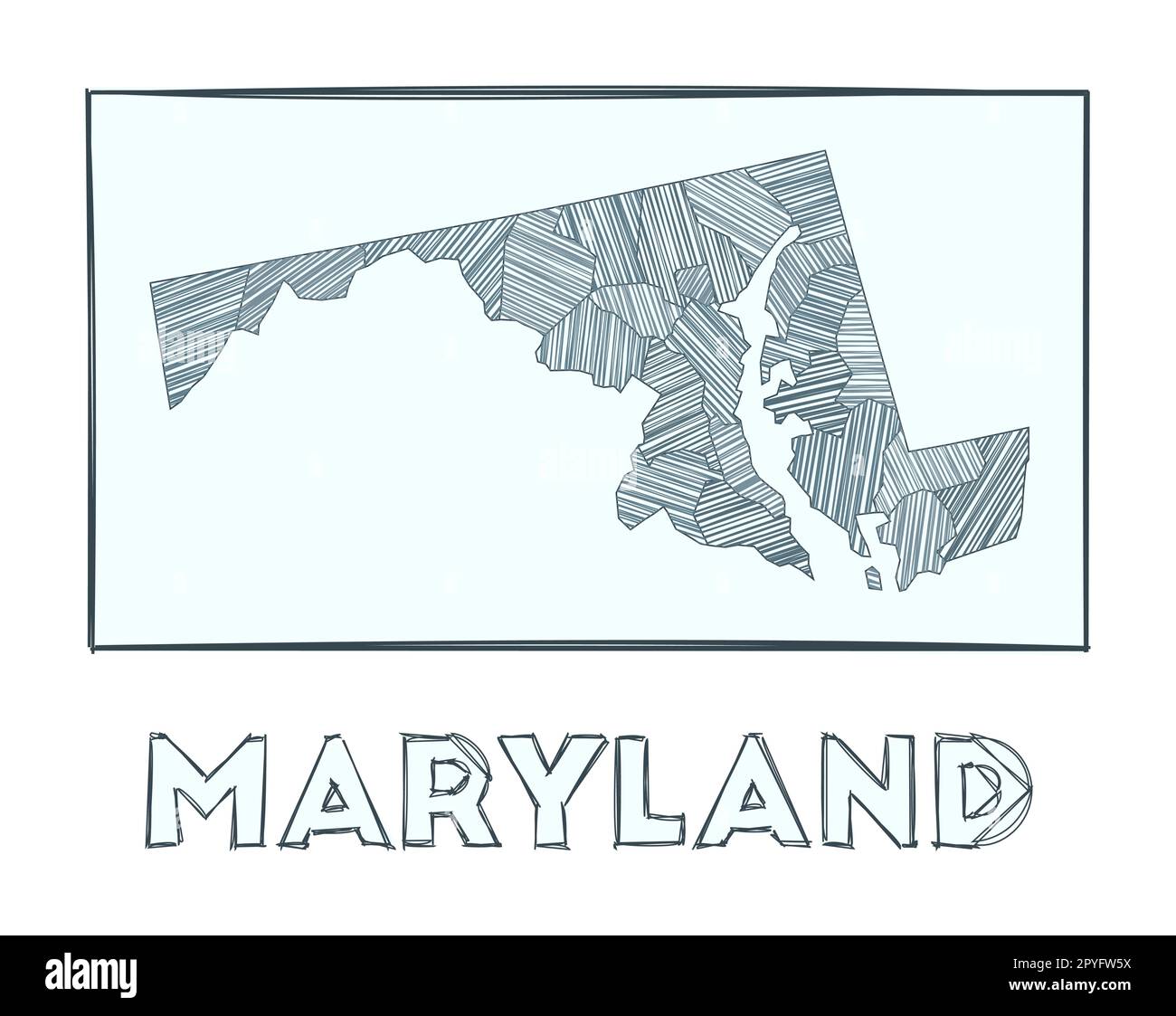 Croquis de la carte du Maryland. Carte dessinée à la main en niveaux de gris de l'état américain. Zones remplies de rayures hachurées. Illustration vectorielle. Illustration de Vecteur