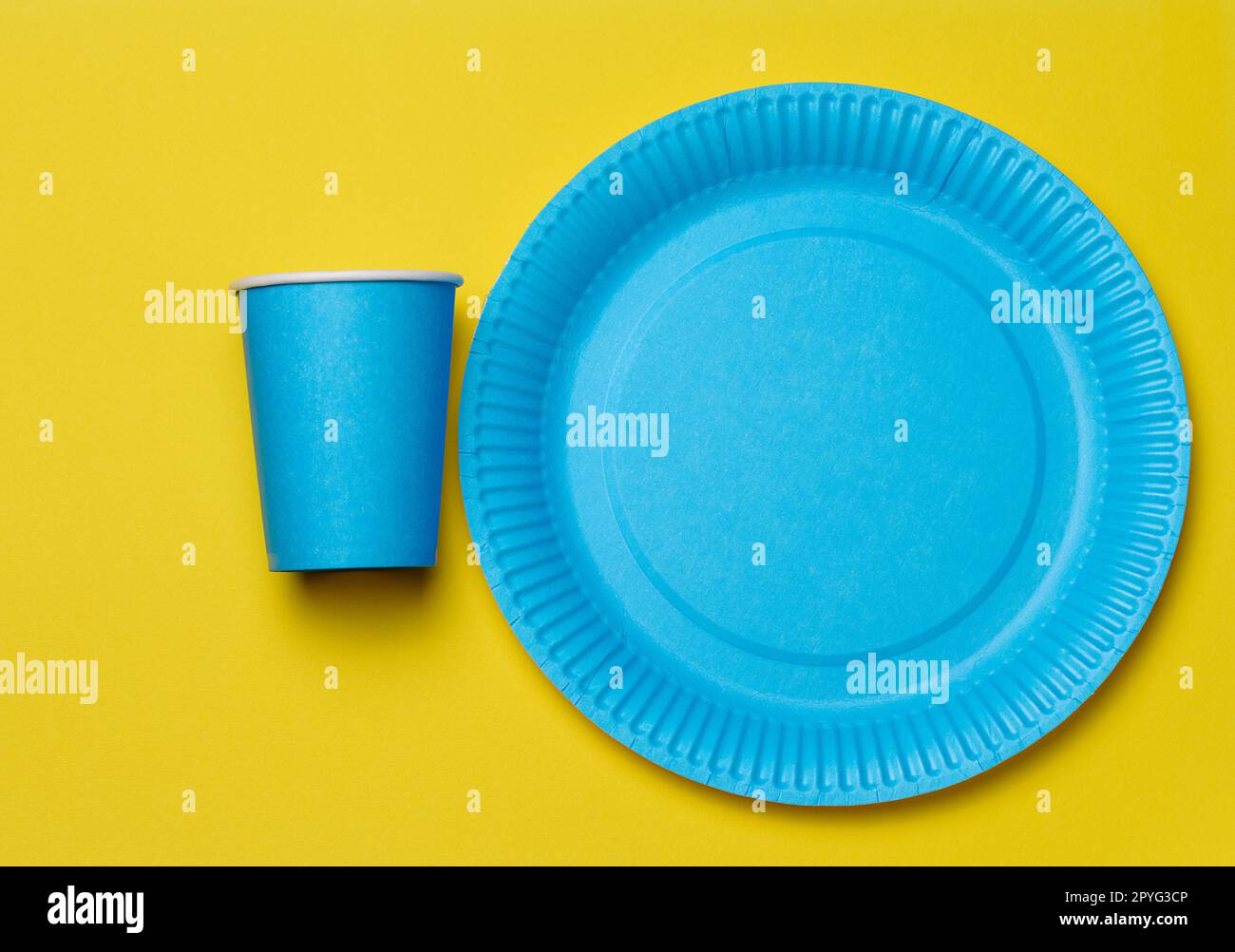 Assiettes et tasses en papier bleu à usage unique rondes pour pique-nique, déchets recyclables, vue du dessus. Banque D'Images