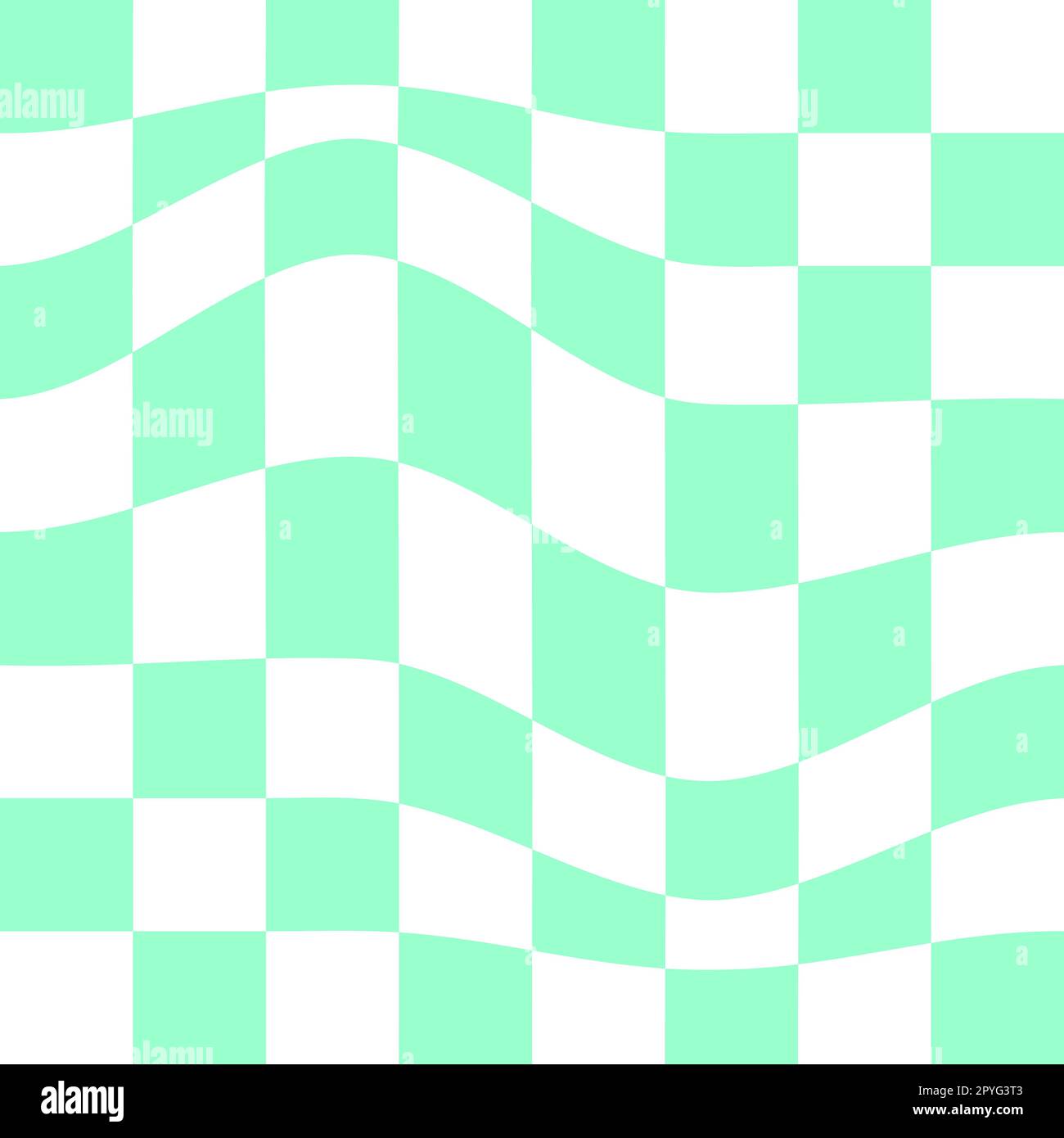Motif psychédélique avec carrés verts et blancs déformés. Arrière-plan du jeu d'échecs déformé. Illusion optique à carreaux. Texture plaid ou drapeau. Étourdi Illustration de Vecteur