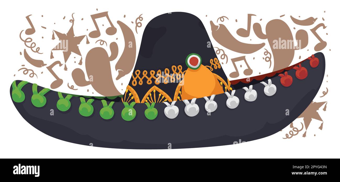 Décoration festive avec chapeau mariachi noir décoré de couleurs mexicaines et silhouettes d'éléments de cette culture. Illustration de Vecteur
