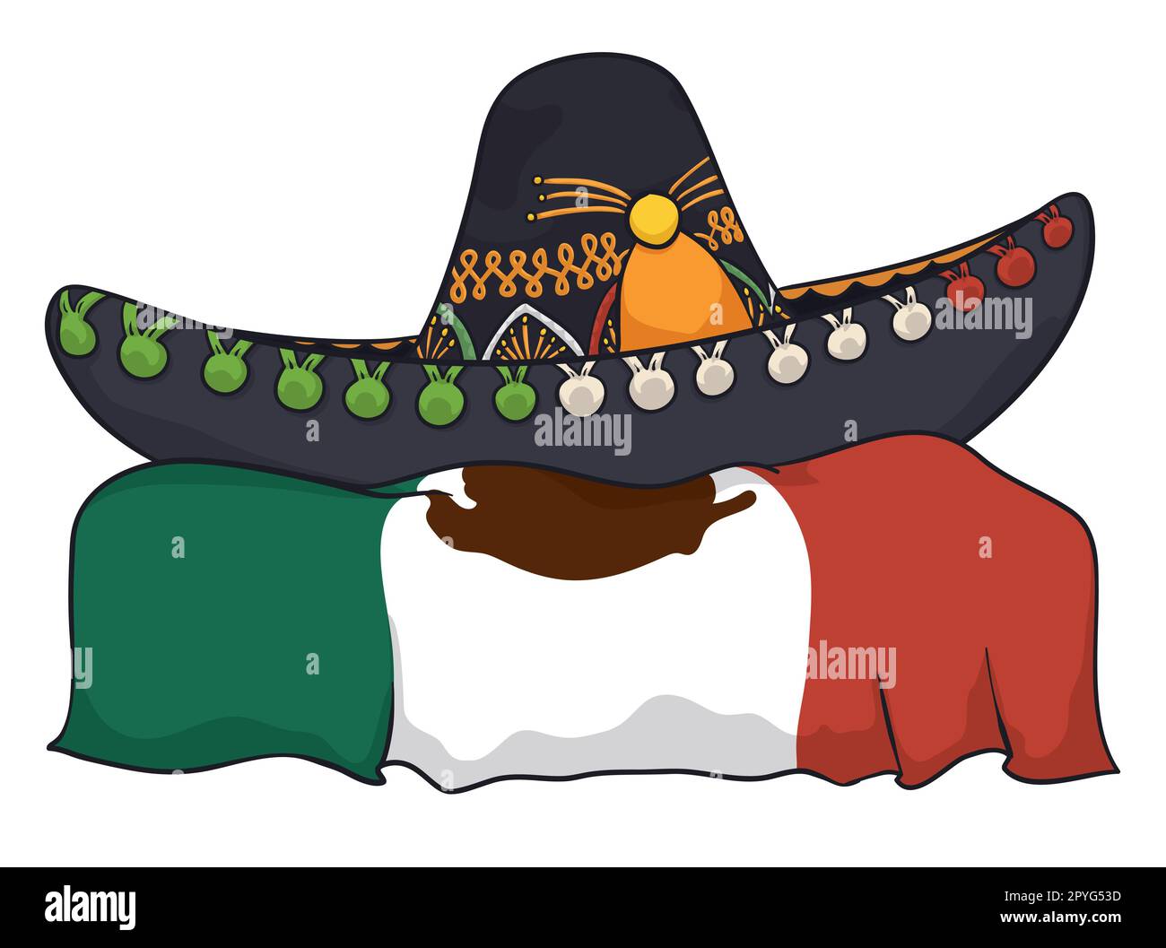 Chapeau de mariachi noir avec broderie colorée sur le drapeau mexicain dans un style de dessin animé. Illustration de Vecteur