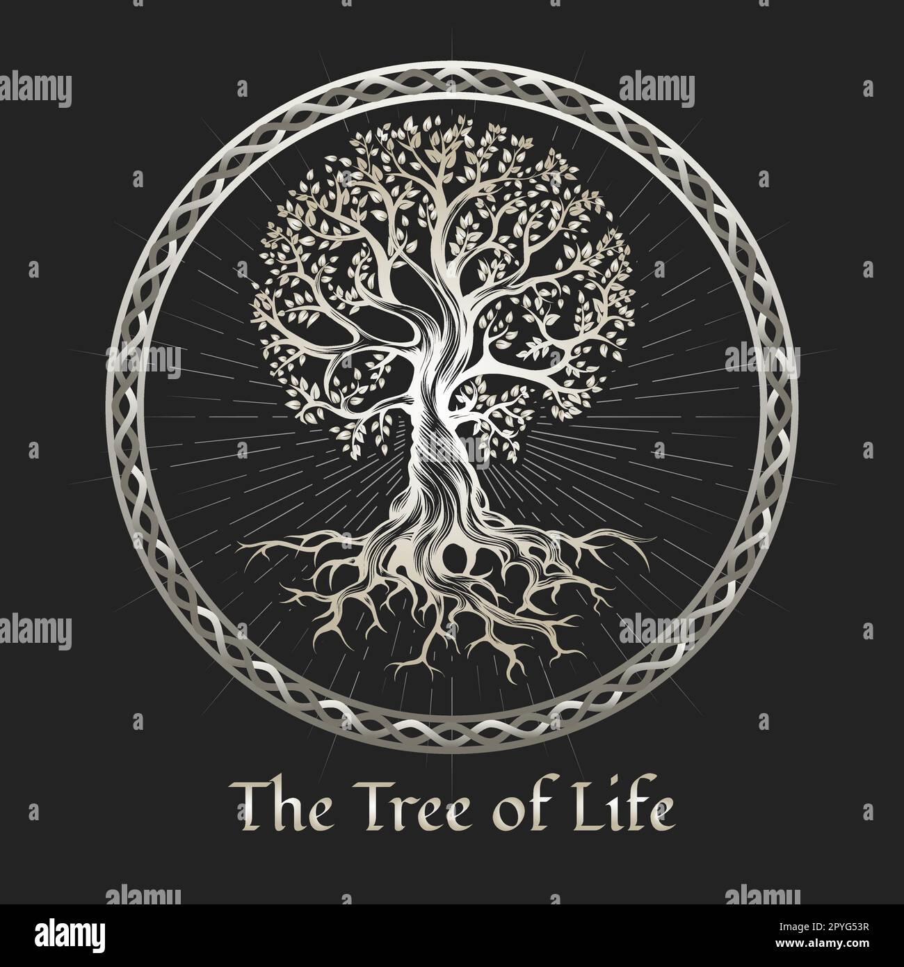 L'arbre de vie dans un cadre circulaire Emblem ésotérique médiéval sur fond noir. Illustration vectorielle. Illustration de Vecteur