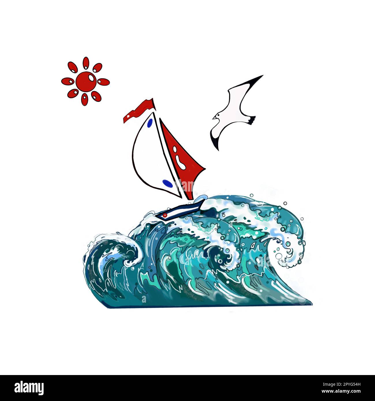 set de mer, yacht avec une voile blanche sur une vague et un fond blanc, dessiné à la main, parfait pour la conception de cartes postales, livrets, vêtements, plats Banque D'Images