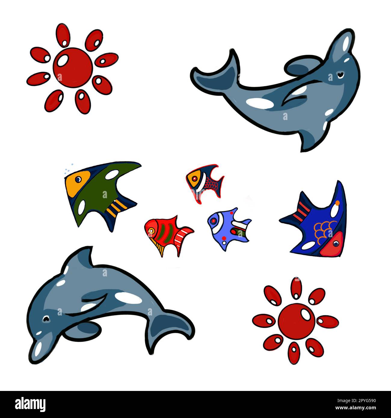 ensemble de motif de mer, kit de marine sur fond blanc, dessiné à la main, parfait pour la conception de cartes postales, livrets, vêtements, vaisselle Banque D'Images