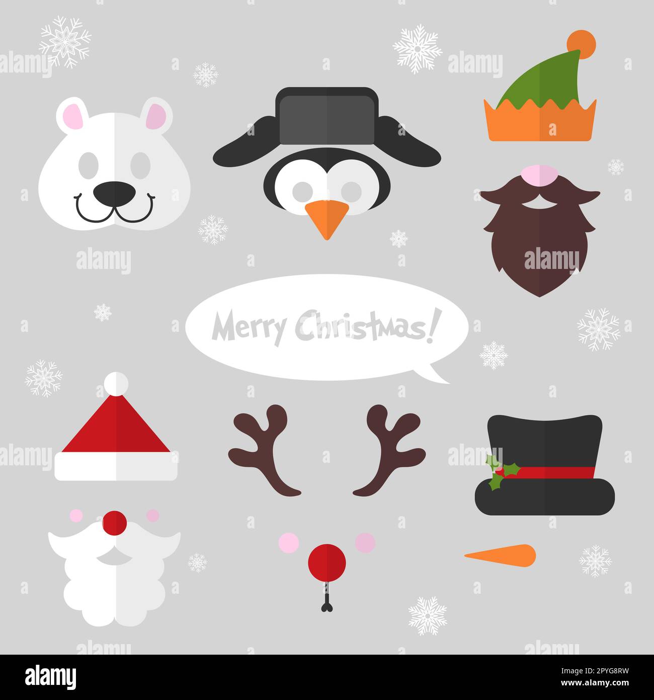 Stand de photo de Noël et ensemble de vecteur de scrapbooking - ours polaire, pingouin, orf, père Noël, cerf, bonhomme de neige. Masques de fête rétro. Illustration de Vector EPS10. Banque D'Images