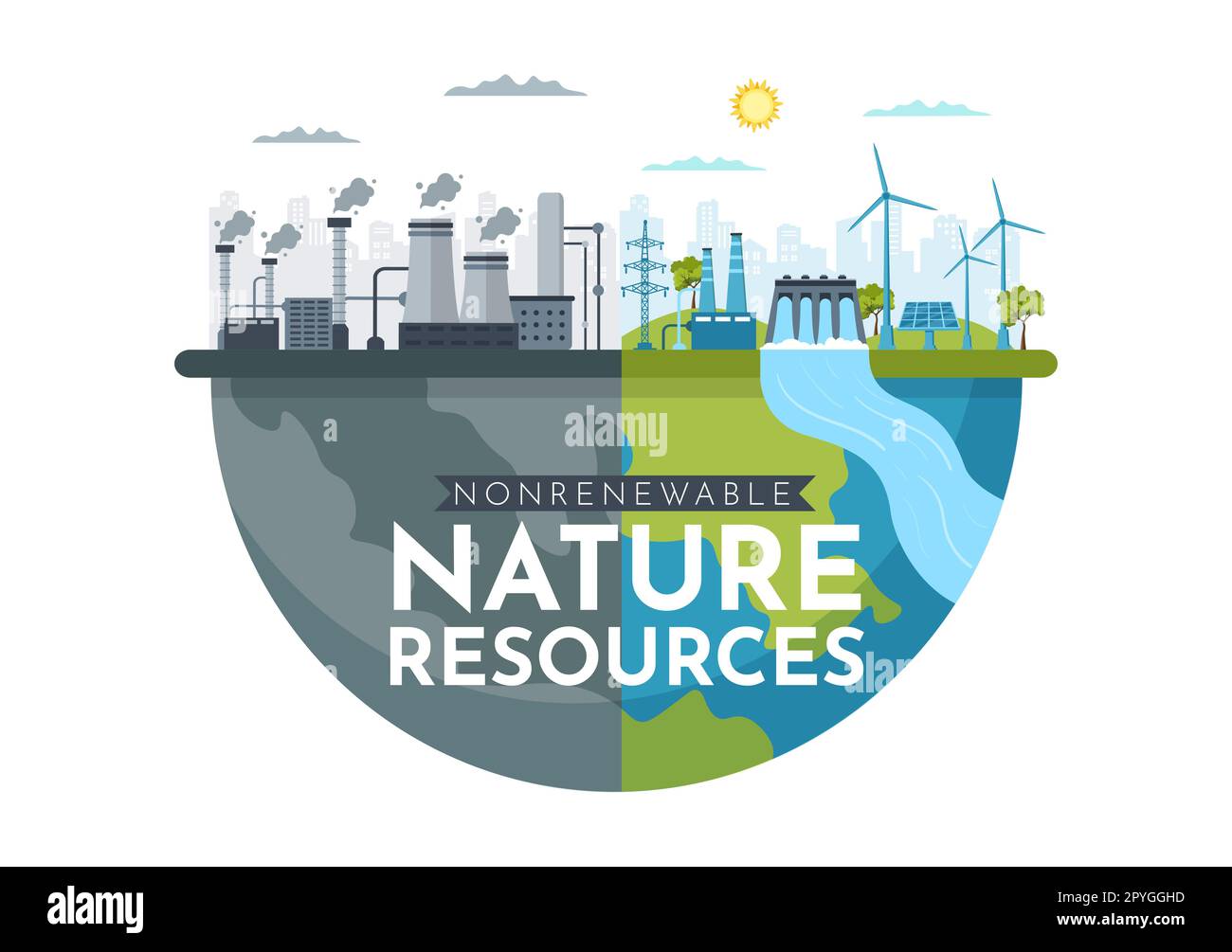 Illustration des sources d'énergie non renouvelables avec les carburants nucléaires, pétroliers, pétroliers, de gaz naturel ou de charbon en modèles tirés à la main Banque D'Images