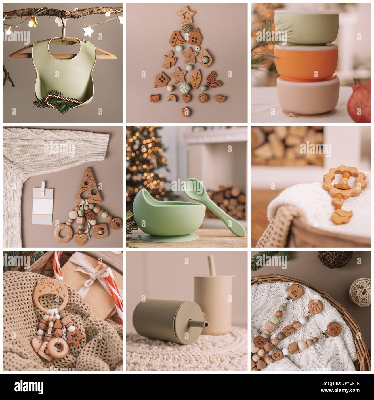Collage de neuf photos du nouvel an de Noël avec des accessoires éco pour bébé. Vaisselle en silicone, anneaux de dentition en bois, support de sucette Banque D'Images