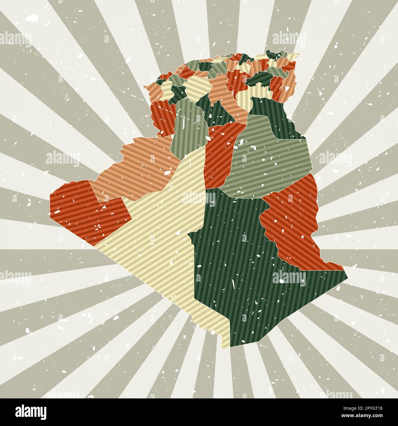 Algérie carte vintage. Affiche grunge avec carte du pays dans la palette de couleurs rétro. Forme de l'Algérie avec fond de rayons de soleil. Illustration de Vecteur