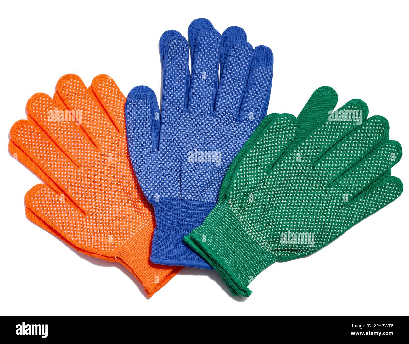 Gants de travail en tissu sur fond blanc. Vêtements de protection pour les travailleurs manuels, vue de dessus Banque D'Images