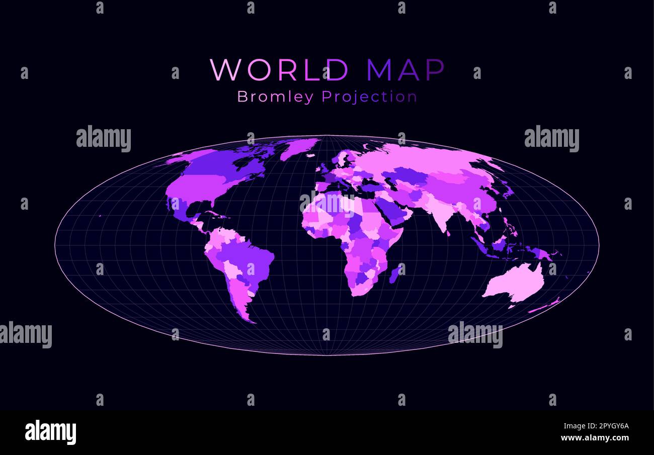 Carte du monde. Projection Bromley. Illustration du monde numérique. Couleurs néon rose vif sur fond sombre. Illustration vectorielle élégante. Illustration de Vecteur