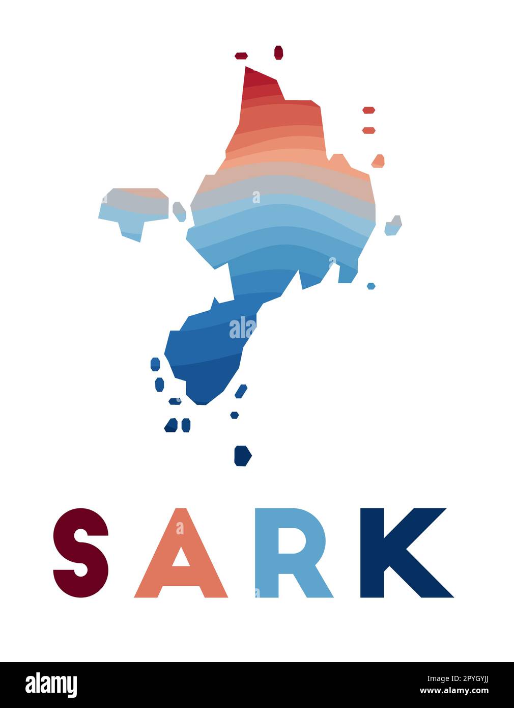 Carte Sark. Carte de l'île avec de belles vagues géométriques dans les couleurs rouge et bleu. Forme éclatante de Sark. Illustration vectorielle. Illustration de Vecteur