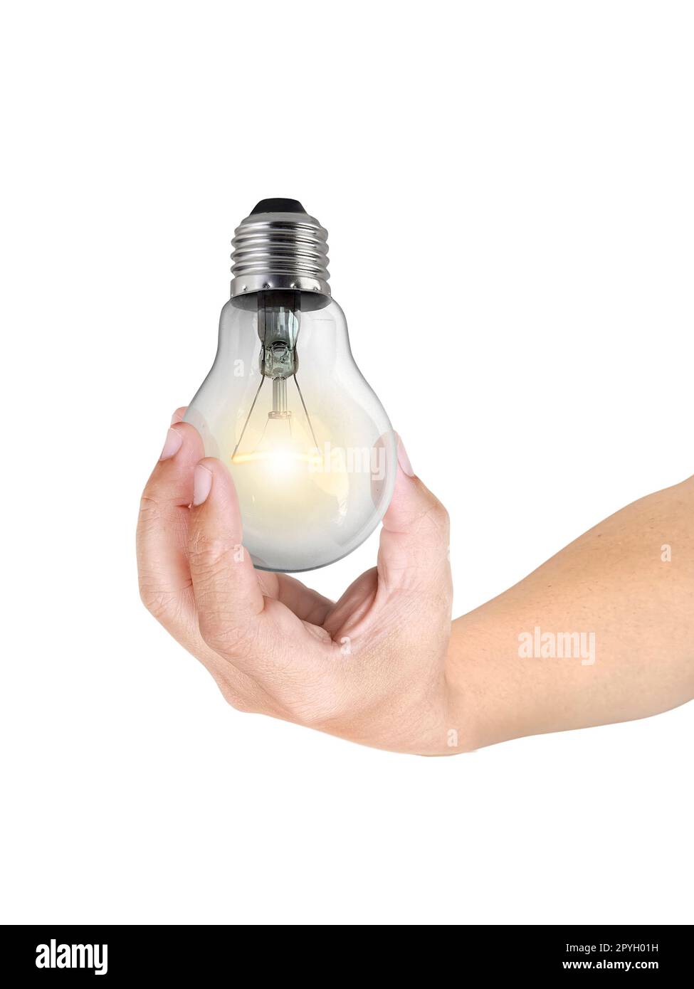 Ampoule lumineuse à main qui brille sur fond blanc Banque D'Images