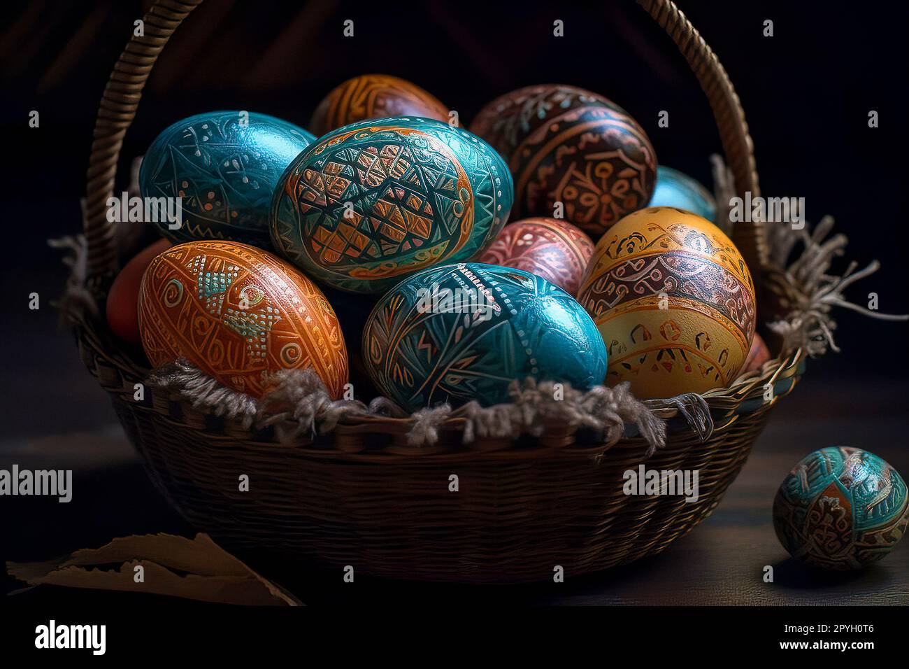 Vue rapprochée d'un panier rempli d'œufs de Pâques aux couleurs vives sur  fond sombre, pour capturer l'essence festive et joyeuse de la saison de  Pâques Photo Stock - Alamy