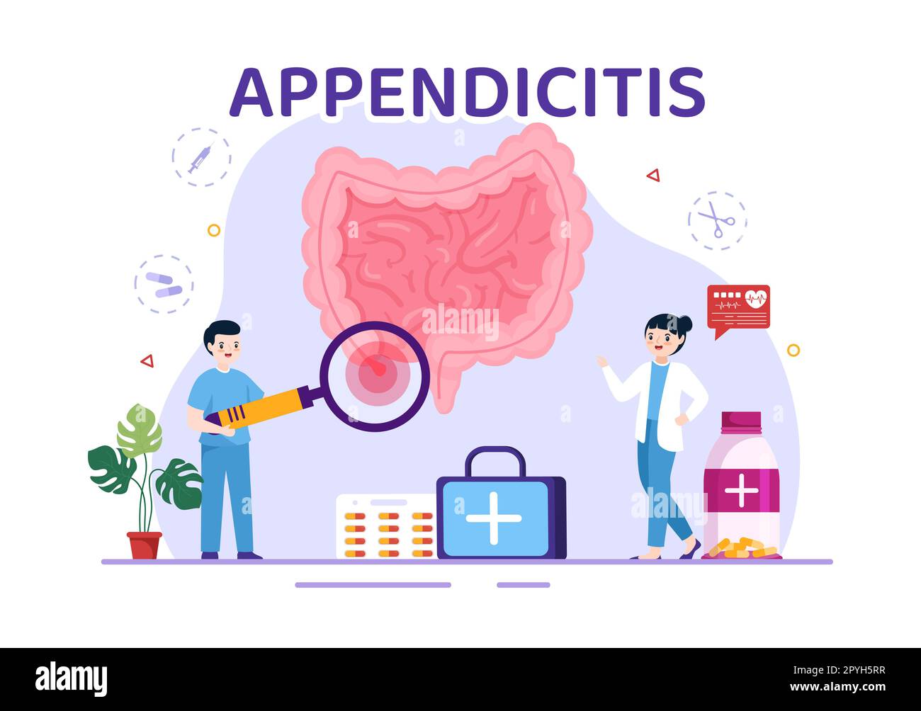 Appendicite Illustration avec inflammation de l'annexe et le traitement de l'estomac dans les soins de santé dessin main pour les modèles de page d'arrivée Banque D'Images