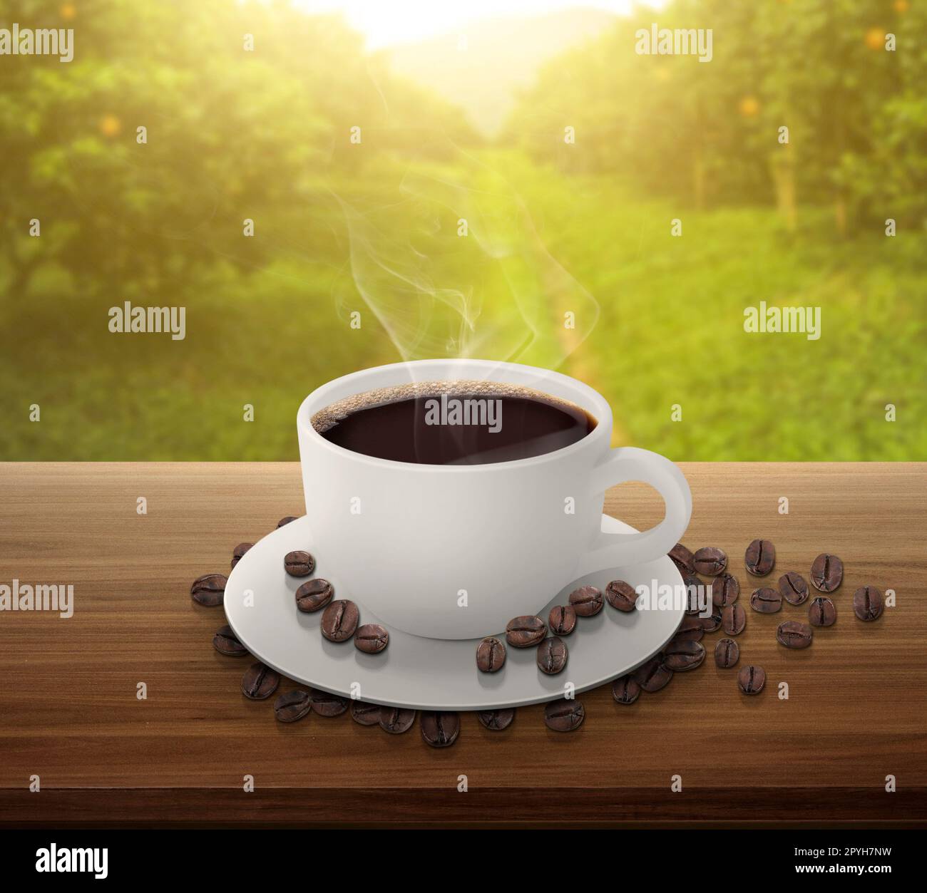 Tasse de café et haricots sur une table en bois. arrière-plan orangers avec fruits à la lumière du soleil Banque D'Images