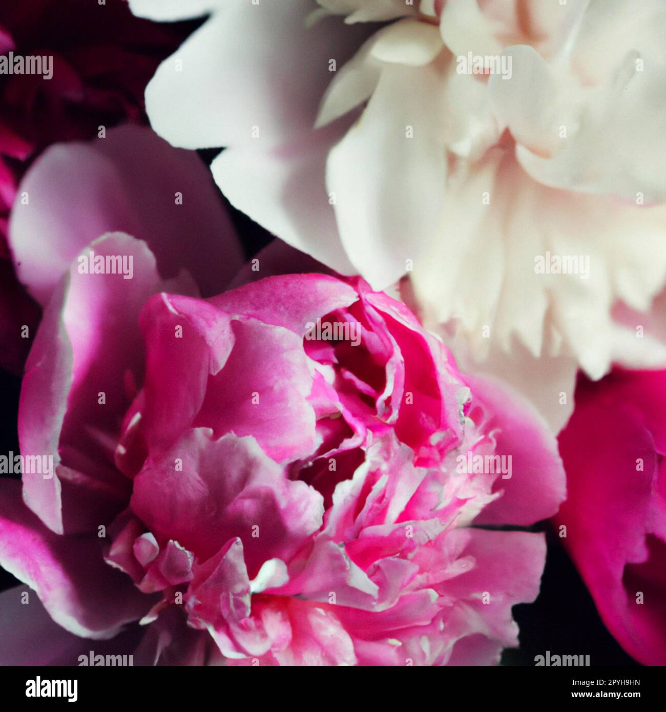 Belles fleurs de pivoine roses et blanches se rapprochent. La pivoine est un genre de plantes vivaces herbacées et d'arbustes à feuilles caduques. La famille des pivoines Paeoniaceae, était auparavant attribuée à la famille des Ranunculaceae Banque D'Images