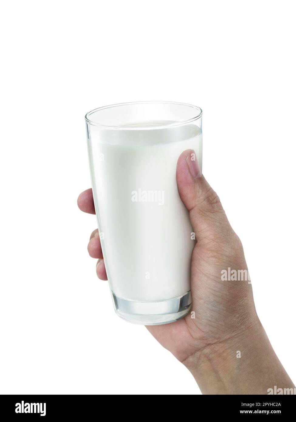 main avec un verre de lait sur fond blanc Banque D'Images