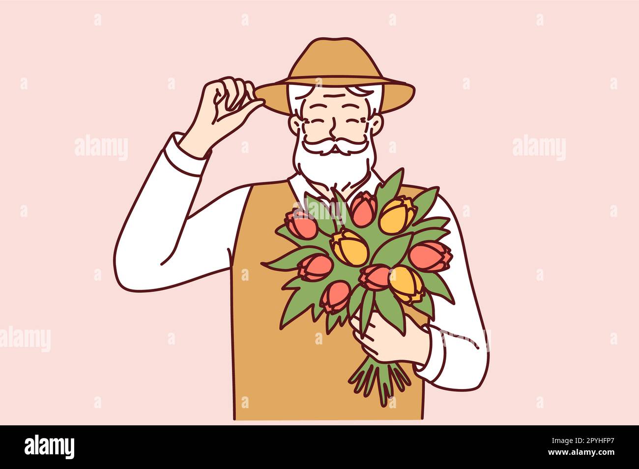 Joyeux homme âgé tient le bouquet de fleurs de printemps touche chapeau en  saluant pour le concept de vieillesse heureux. Homme positif aux cheveux  gris avec moustache et bea Photo Stock -