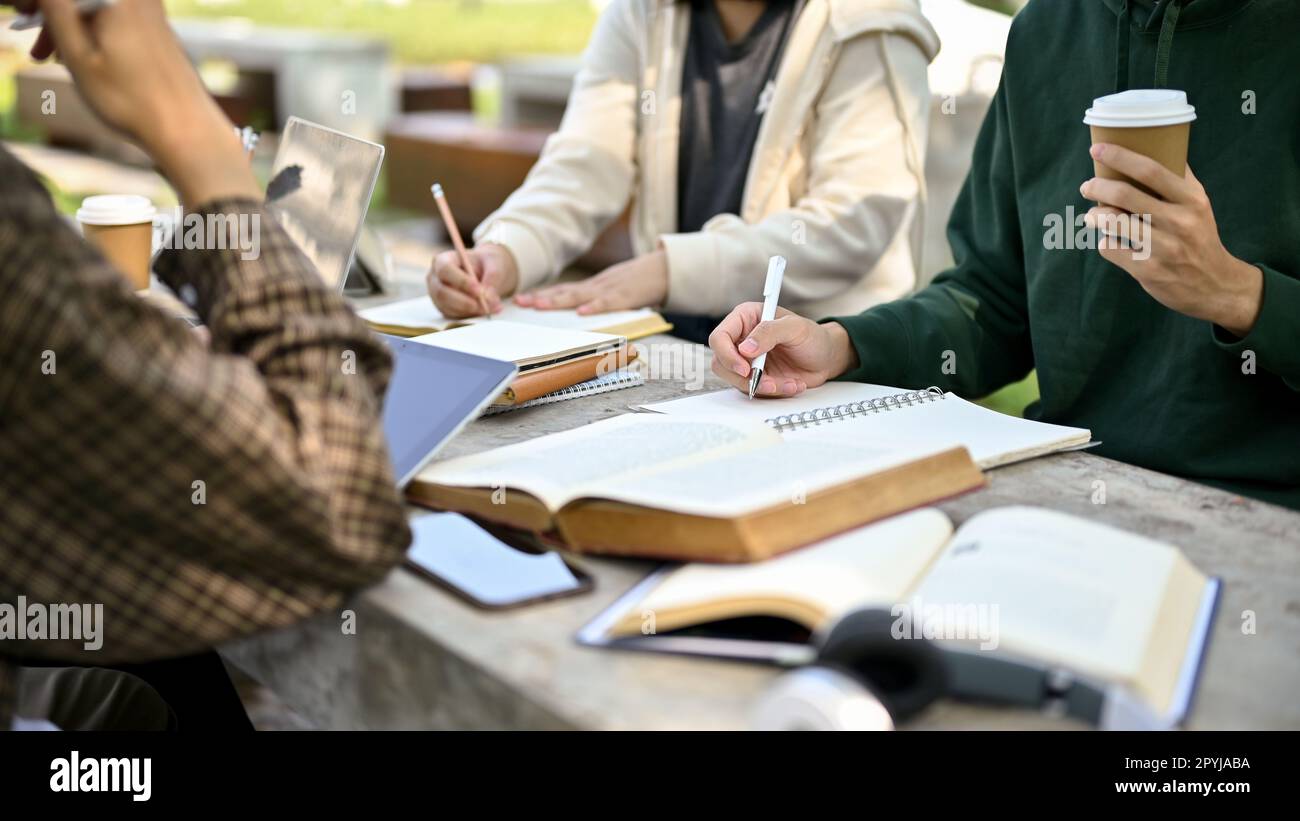 Image rognée, groupe d'étudiants se préparant à l'examen, faisant des devoirs ou un projet scolaire ensemble dans un parc de campus. Banque D'Images