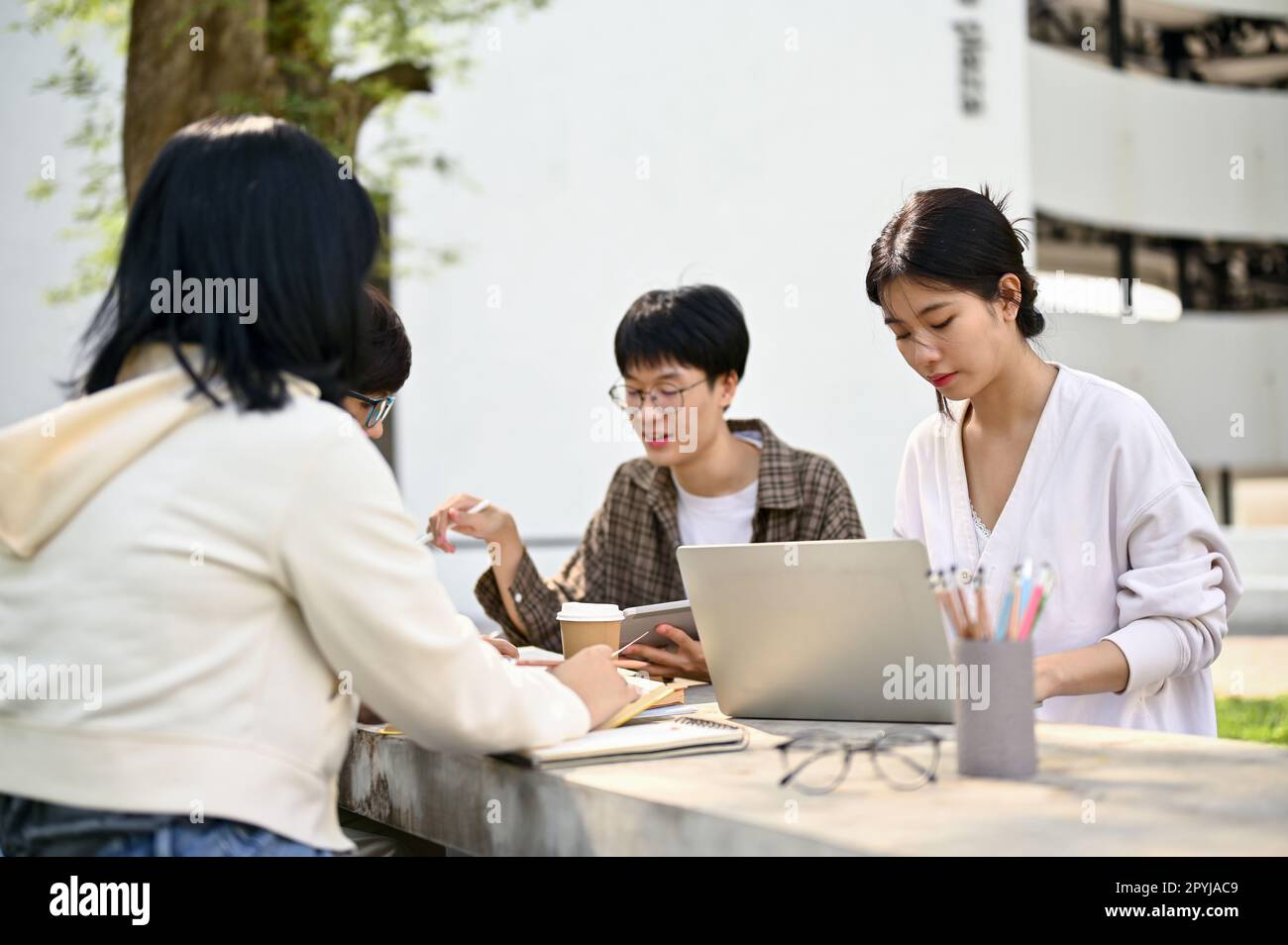 Jeune étudiante asiatique concentrée recherchant des informations sur Internet sur son ordinateur portable tout en travaillant sur un projet scolaire avec ses amis à Banque D'Images