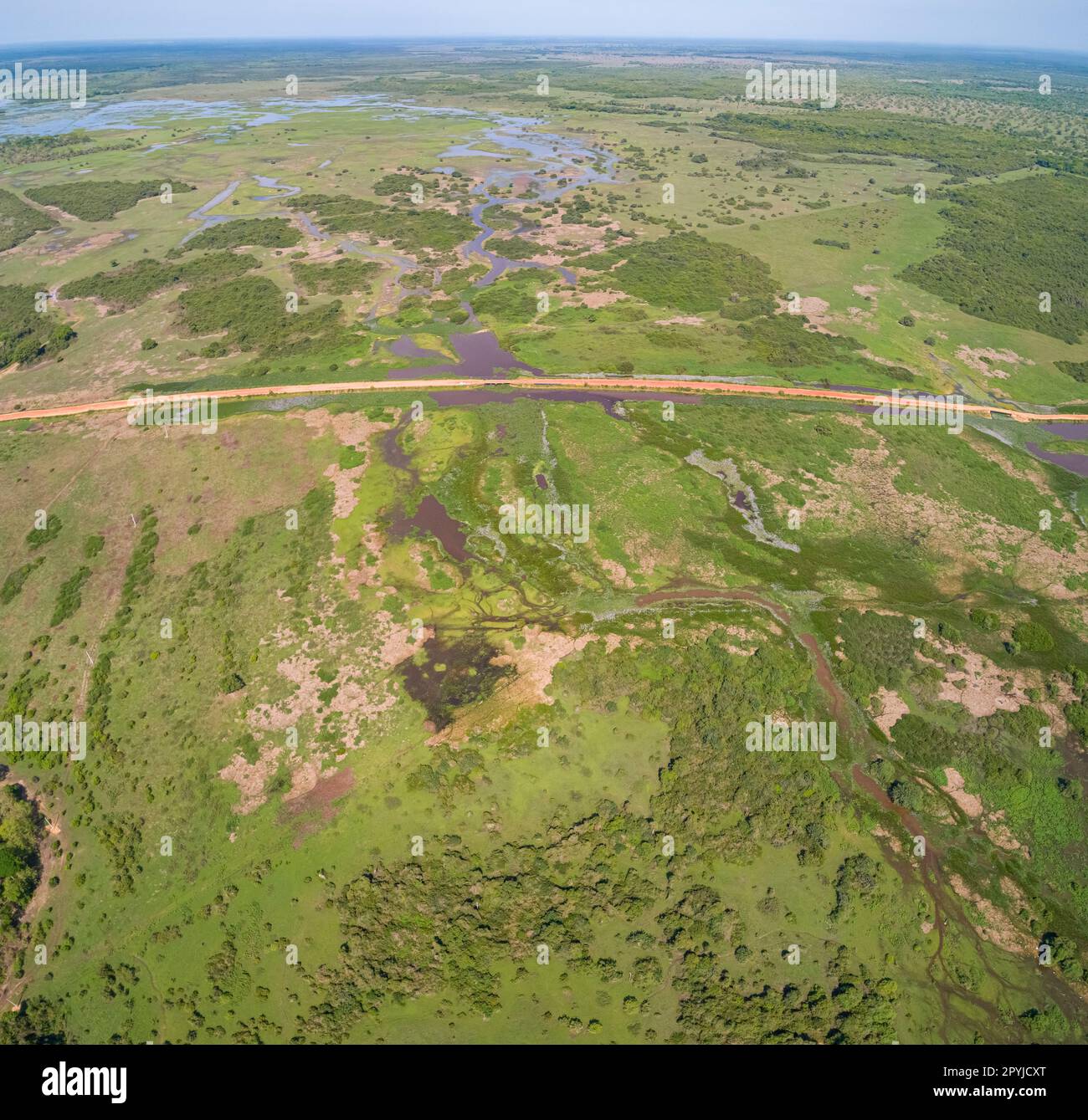 Vue aérienne de Transpantaneira route de terre traversant un lagon au-dessus d'un petit pont dans le paysage typique de North Pantanal Wetlands, Mato Grosso, Brazi Banque D'Images