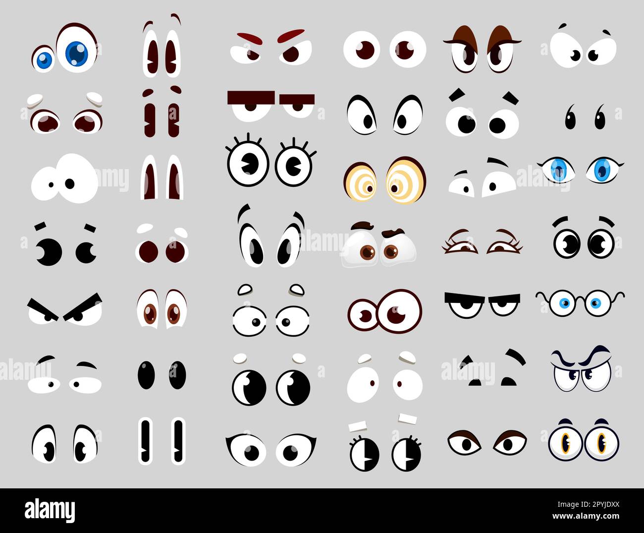 Yeux de bande dessinée. Caricature avatar choc, peur et surprise expression de l'œil, homme et femme personnage de dessin animé humain colère, confusion, étonnement feegi Illustration de Vecteur