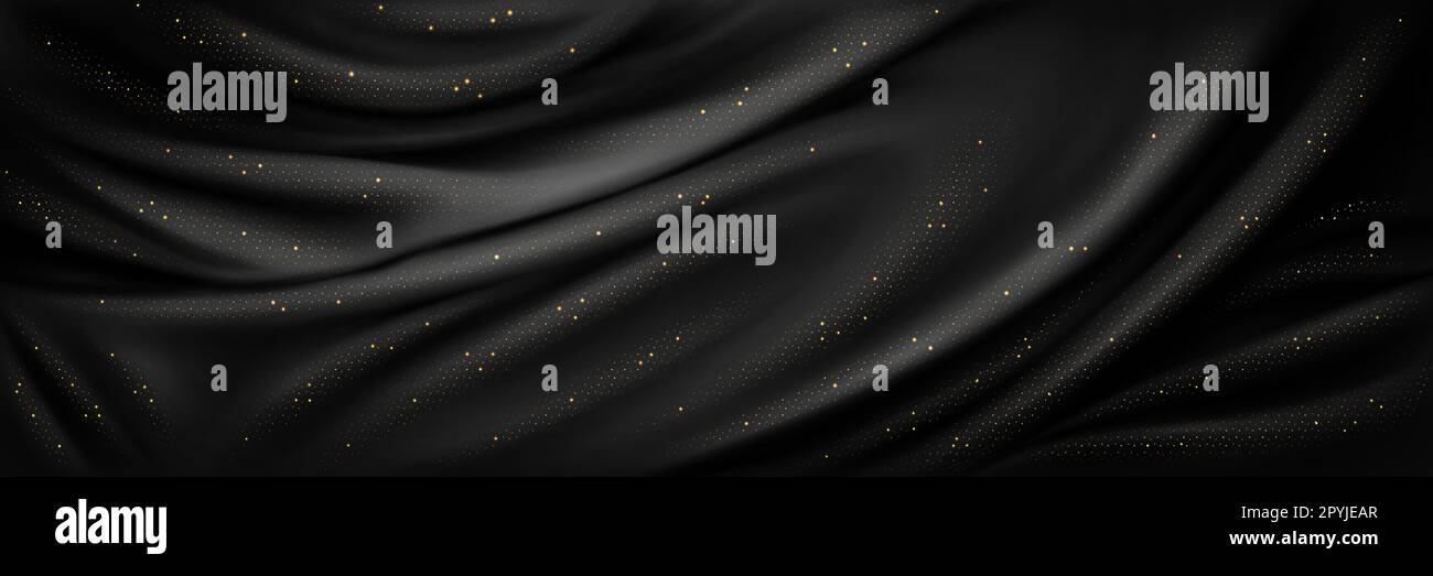 Arrière-plan abstrait avec luxueux tissu en soie noire et paillettes dorées. Texture d'un élégant tissu foncé avec brillance dorée, surface lisse en satin, illustration réaliste vectorielle Illustration de Vecteur