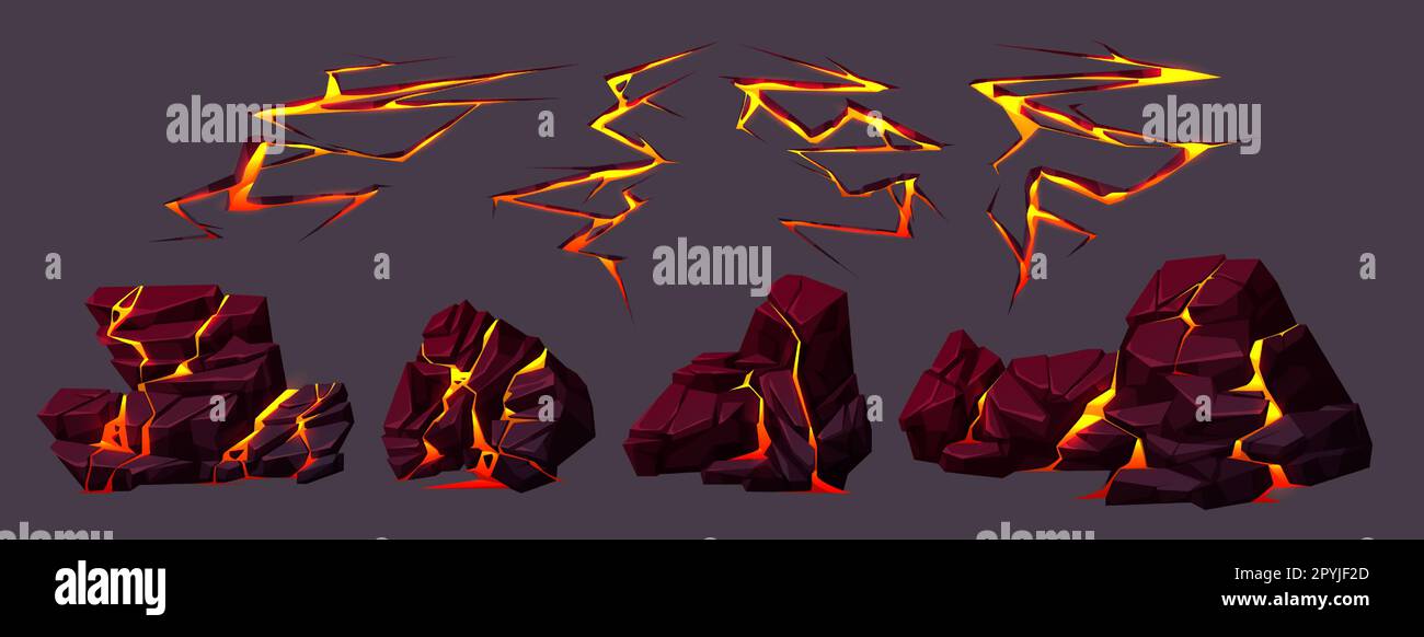 Texture du volcan avec lave dans les fissures et les pierres cassées. Roches volcaniques avec effet de lumière dans les fissures et les ruptures de surface de terre avec magma chaud, illustration de dessin animé vectoriel Illustration de Vecteur