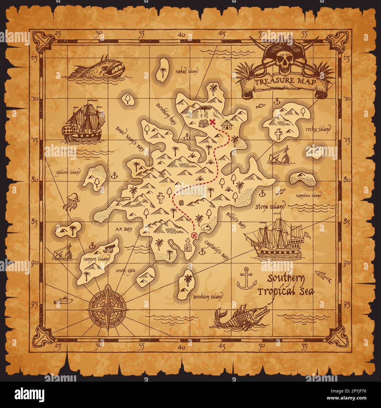 Ancienne carte du Trésor de pirate antique. Île des Caraïbes, monstres ...