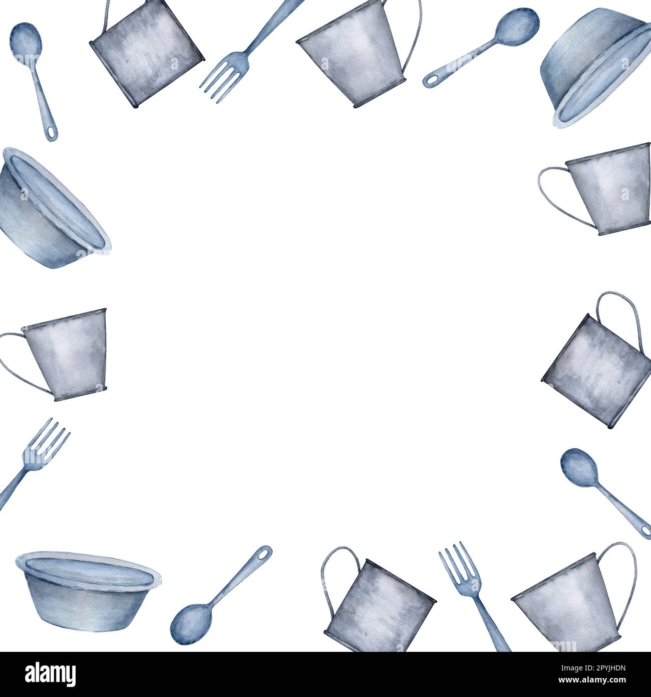 Vaisselle en métal pour manger à l'extérieur, voyager. Un ensemble  d'articles d'une cuillère, d'une fourchette et de deux tasses. Illustration  aquarelle Photo Stock - Alamy