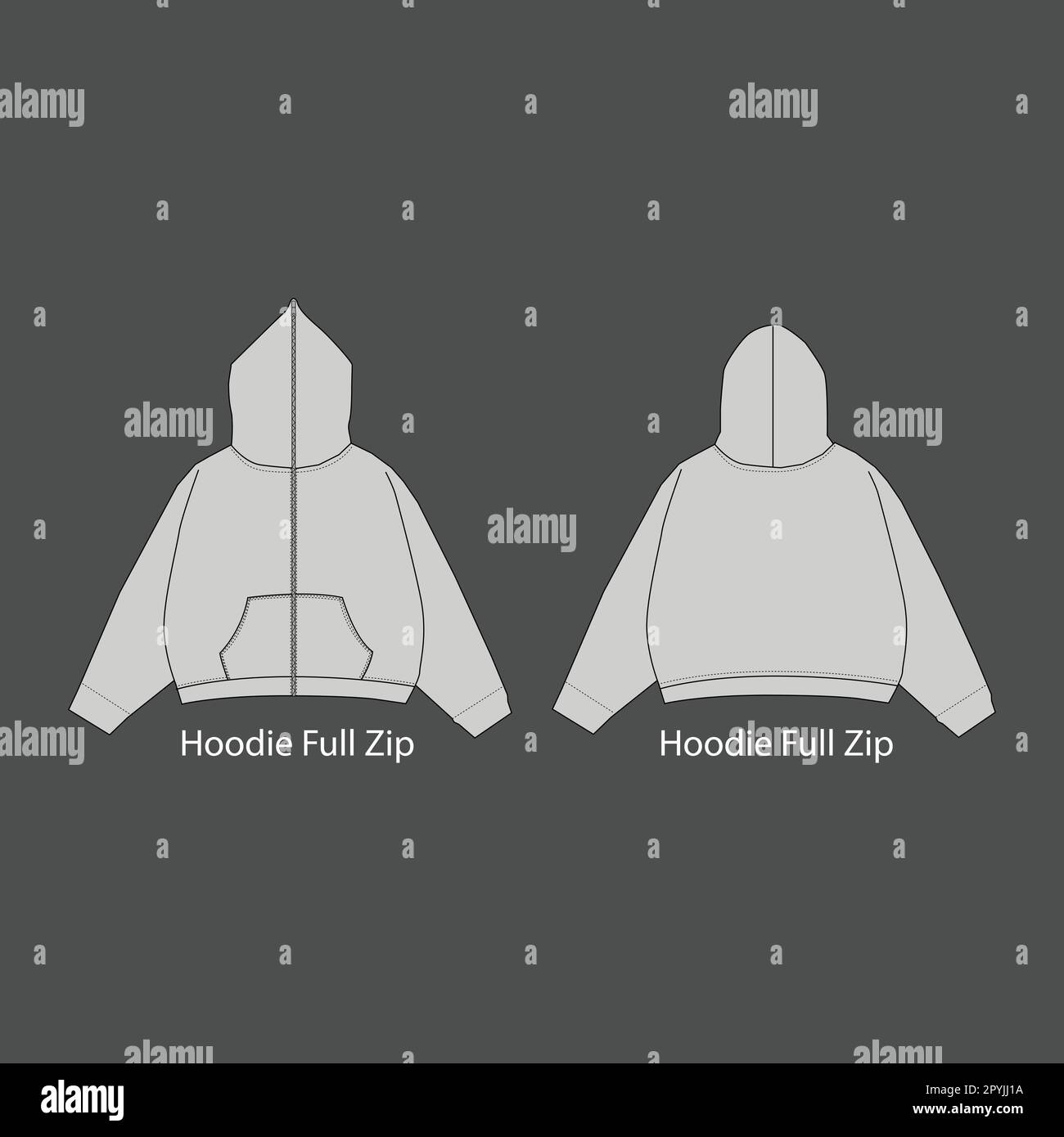 Sweat-shirt à capuche entièrement zippé modèle de maquette de dessin technique plat pour le design et les packs techniques hommes ou unisexe mode CAD streetwear. Illustration de Vecteur