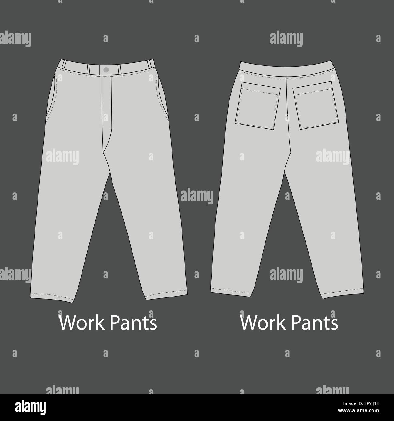 Pantalon de travail pour hommes, ensemble de maquettes vectorielles. Pantalon de travail avec ceinture et poche. Illustration de Vecteur