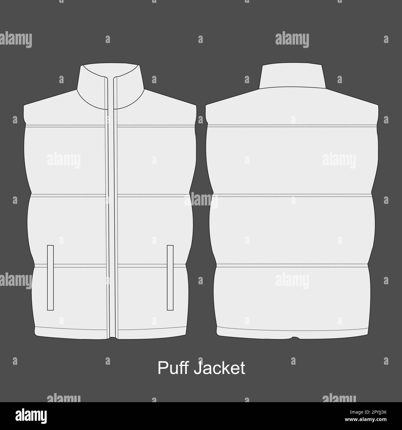 Veste Puffer, maquette de dessin technique. Veste modèle de dessin technique, manches courtes, poche, vue avant et arrière, blanc, femmes, maquette unisexe CAD Illustration de Vecteur