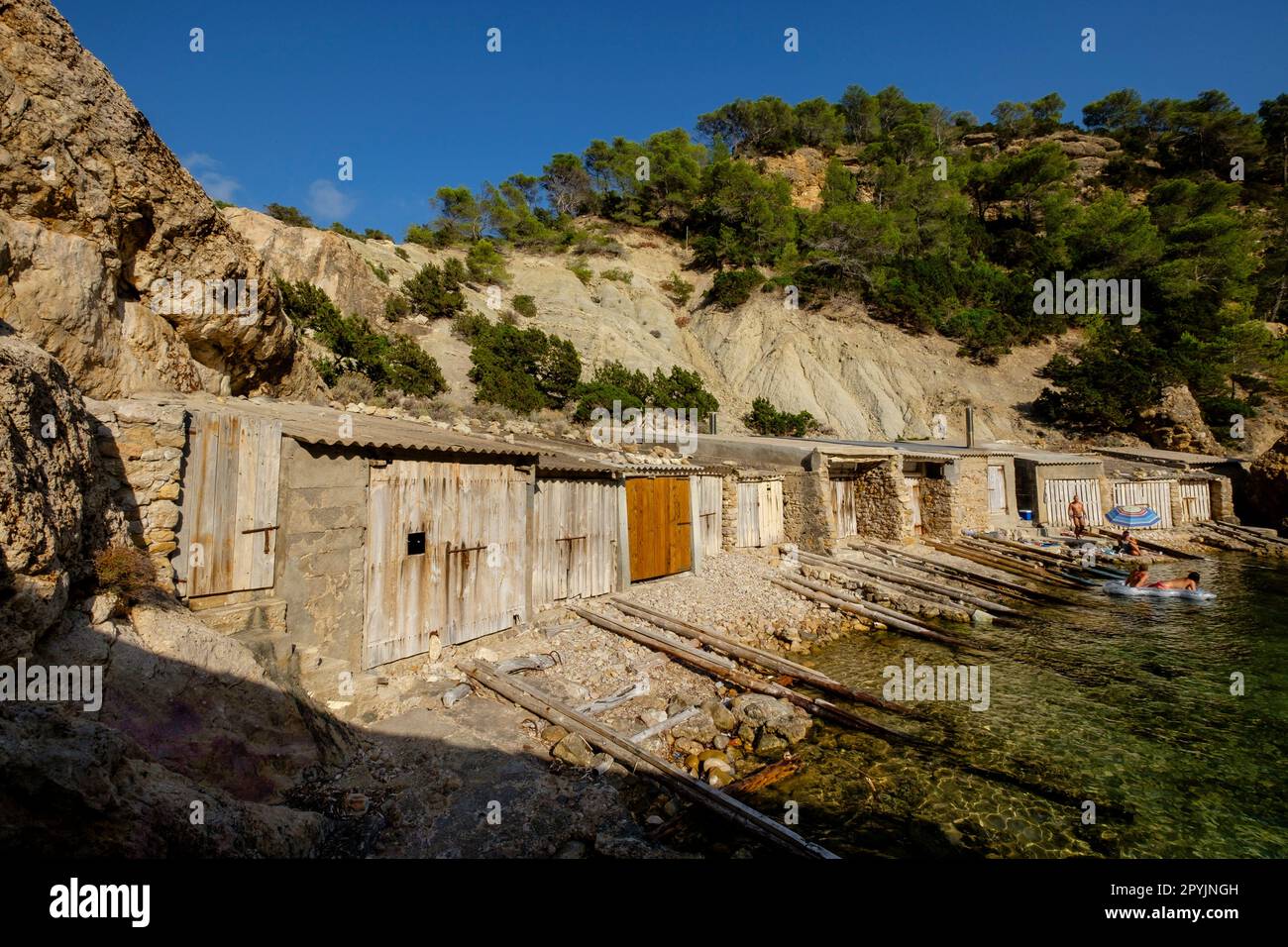 Casetas de varadero, Es Portitxol, Municipio de Sant Joan de LabritjaIbiza, îles Baléares, Espagne Banque D'Images