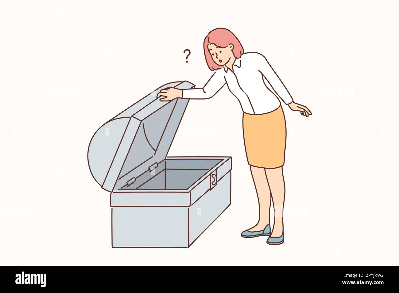 Femme d'affaires regarde dans le Trésor vide de coffre confondu avec le manque de classement. Les femmes se sentent frustrées par le vide de la case ou de la boîte. Illustration vectorielle Banque D'Images