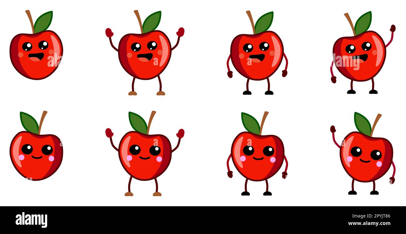 Icône de pomme rouge mignon style kawaii, grands yeux, souriant. Version avec les mains levées, abaissés et en agitant. Illustration de Vecteur