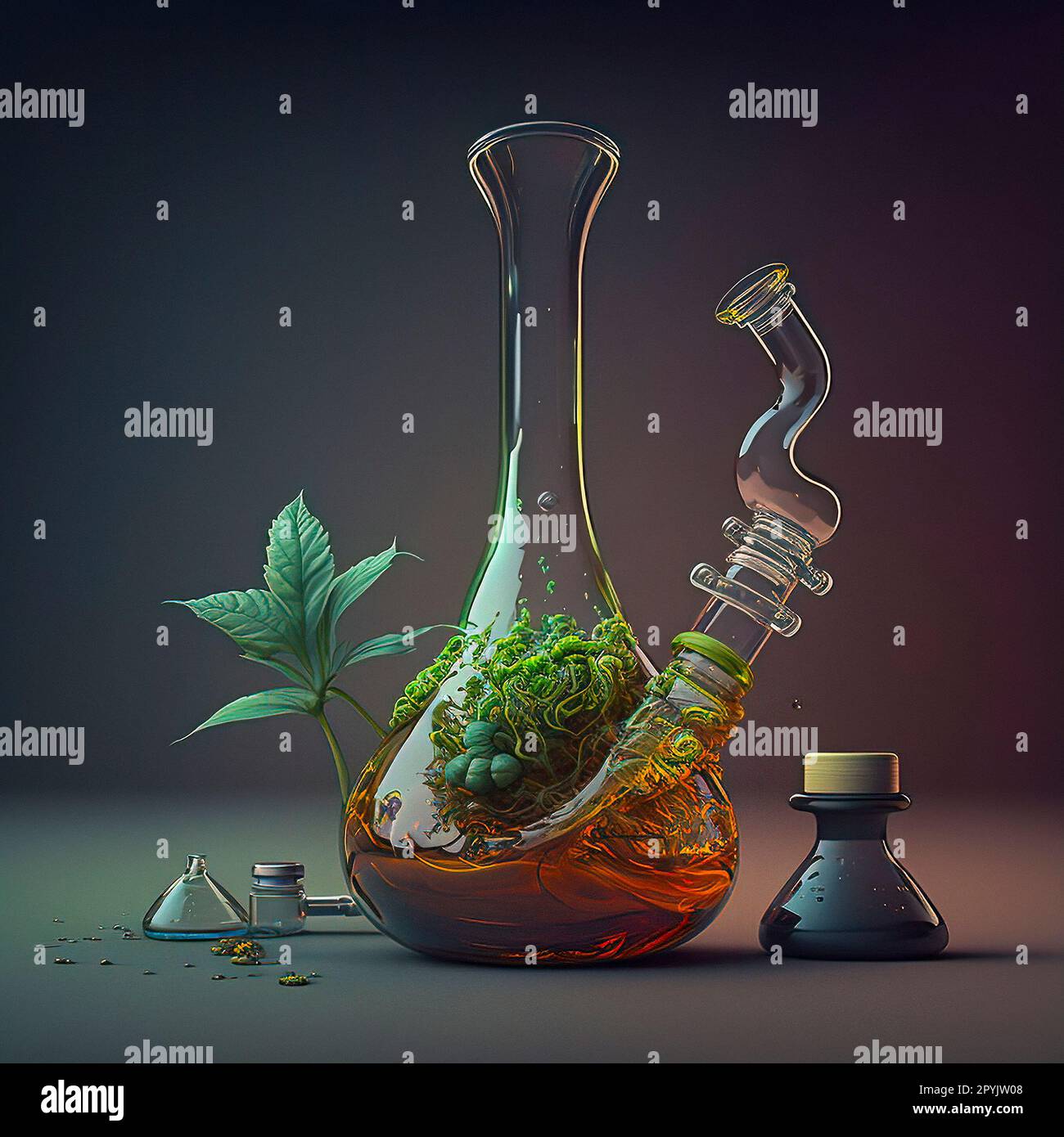 Un magnifique Biopunk Art of a Glass Bong rempli d'une potion magique de couleur orange et d'un Herb qui en sort Banque D'Images