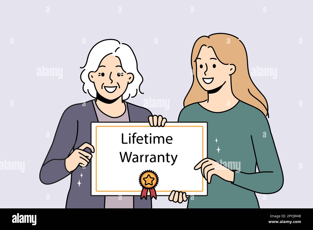 Soignant souriant avec des patients âgés tenant la garantie à vie nourriture de bonne qualité de service. Bonne femme mûre avec certificat d'assurance de garantie dans Banque D'Images