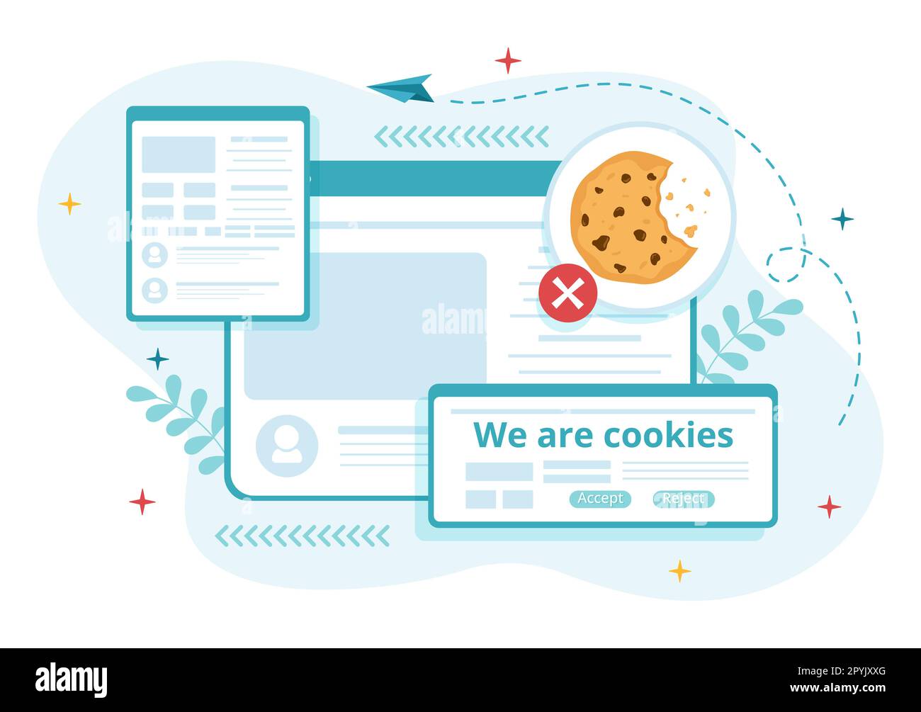 Internet cookies technologie Illustration avec Track cookie enregistrement de la navigation d'un site Web dans un dessin animé à plat modèles de page d'arrivée dessinés à la main Banque D'Images