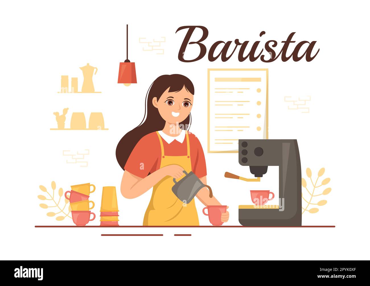 Illustration Barista portant un tablier debout pour préparer un café pour le client dans un modèle de page d'accueil ou de bannière Web de dessin animé à la main de dessin animé à plat Banque D'Images