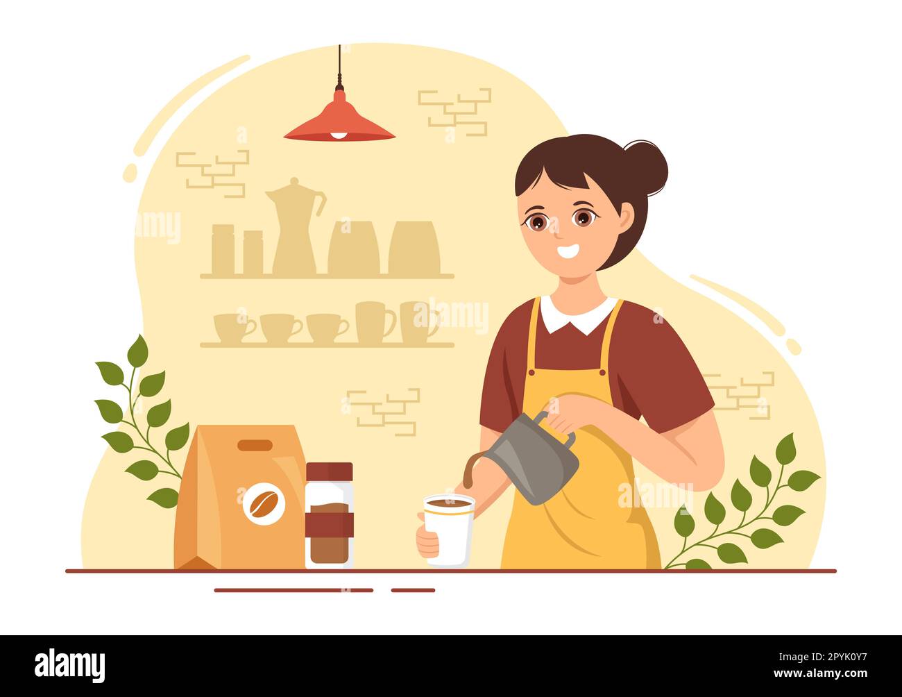 Illustration Barista portant un tablier debout pour préparer un café pour le client dans un modèle de page d'accueil ou de bannière Web de dessin animé à la main de dessin animé à plat Banque D'Images
