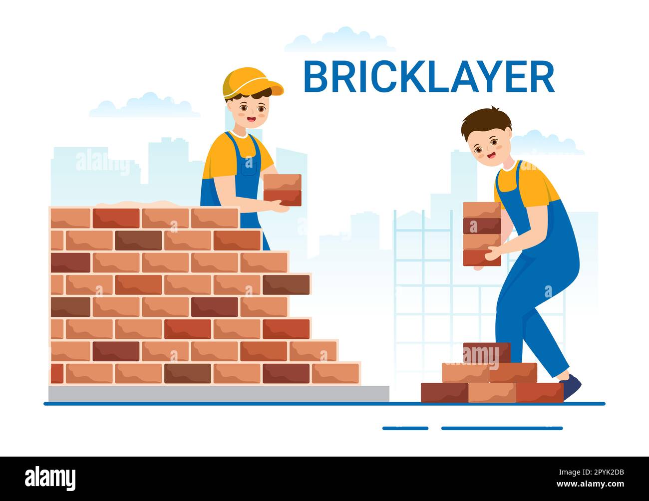Illustration d'un travailleur de la couche de briques avec des personnes Construction et pose de briques pour la construction d'un mur dans un dessin animé à plat modèles de page d'arrivée dessinés à la main Banque D'Images